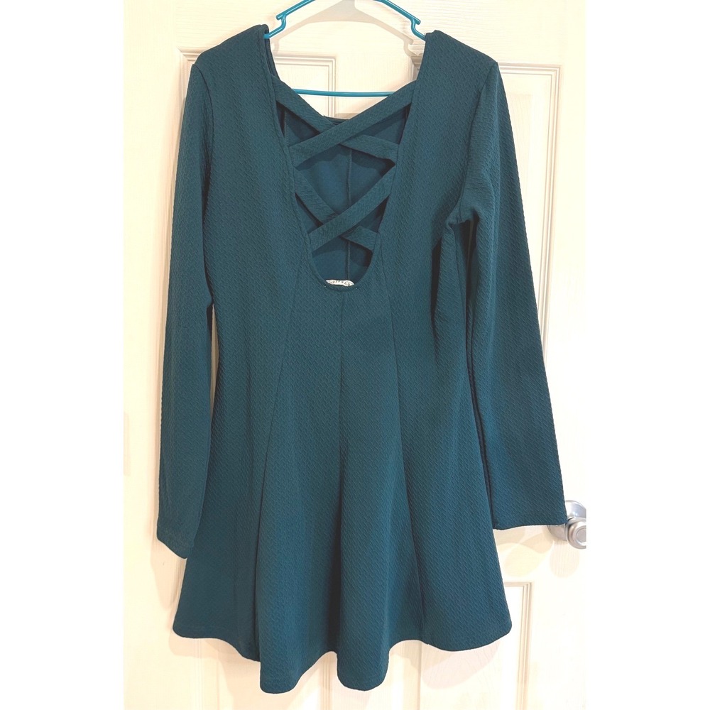 Teal Dress Fit and Flare‎ Long Sleeve Criss Cross Back